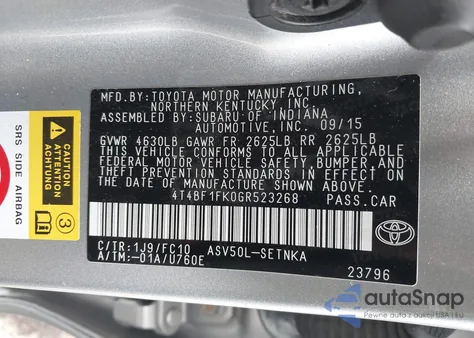 2016 Toyota Camry Le z USA, uszkodzony, nr VIN 4T4BF1FK0GR523268